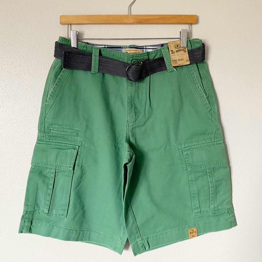 Roebuck & Co Men's‎ Cargo Shorts Flat Front Belted Green 12" Inseam Size 32 NWT